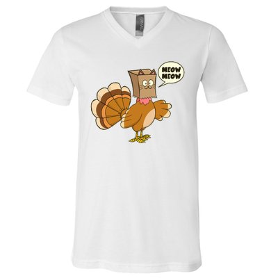 Funny Thanksgiving Turkey In Cat Face Paper Bag V-Neck T-Shirt