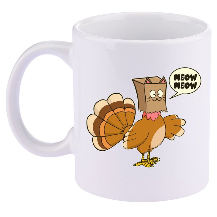 Funny Thanksgiving Turkey In Cat Face Paper Bag 11oz C Handle Ceramic Mug