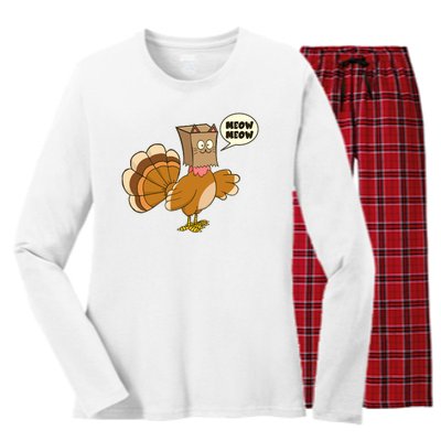 Funny Thanksgiving Turkey In Cat Face Paper Bag Women's Long Sleeve Flannel Pajama Set 