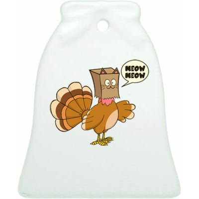 Funny Thanksgiving Turkey In Cat Face Paper Bag Ceramic Bell Ornament