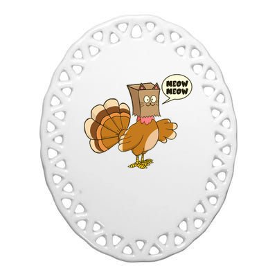 Funny Thanksgiving Turkey In Cat Face Paper Bag Ceramic Oval Ornament