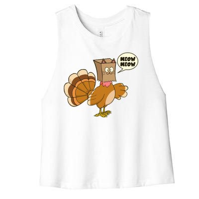 Funny Thanksgiving Turkey In Cat Face Paper Bag Women's Racerback Cropped Tank