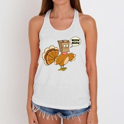 Funny Thanksgiving Turkey In Cat Face Paper Bag Women's Knotted Racerback Tank