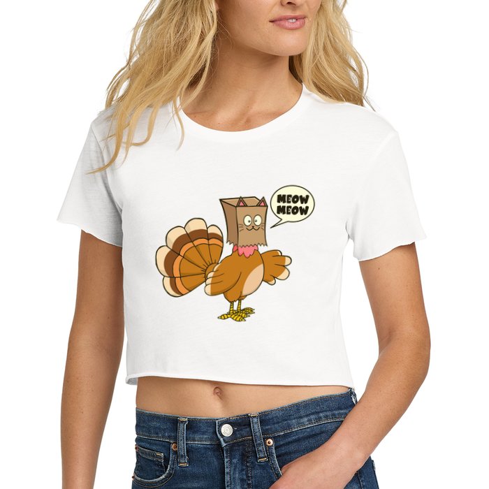 Funny Thanksgiving Turkey In Cat Face Paper Bag Crop Top