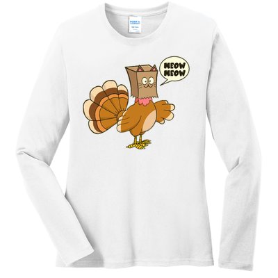 Funny Thanksgiving Turkey In Cat Face Paper Bag Ladies Long Sleeve Shirt