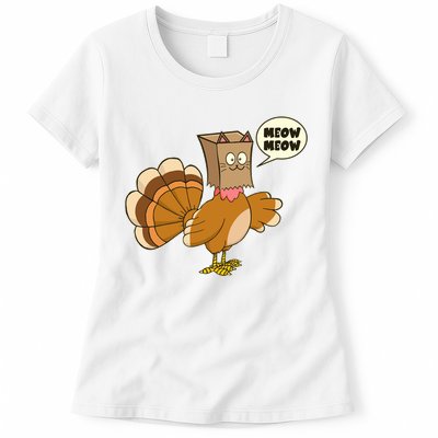 Funny Thanksgiving Turkey In Cat Face Paper Bag Womens T-Shirt