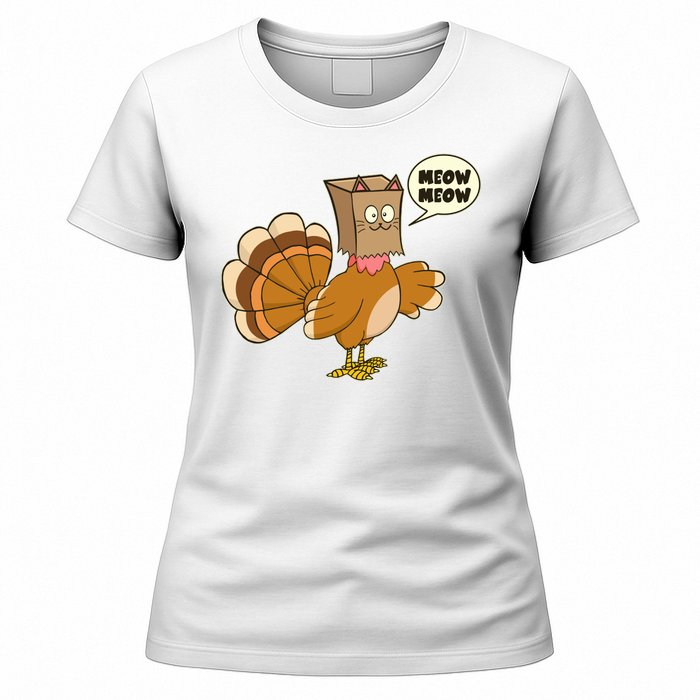 Funny Thanksgiving Turkey In Cat Face Paper Bag Women's T-Shirt