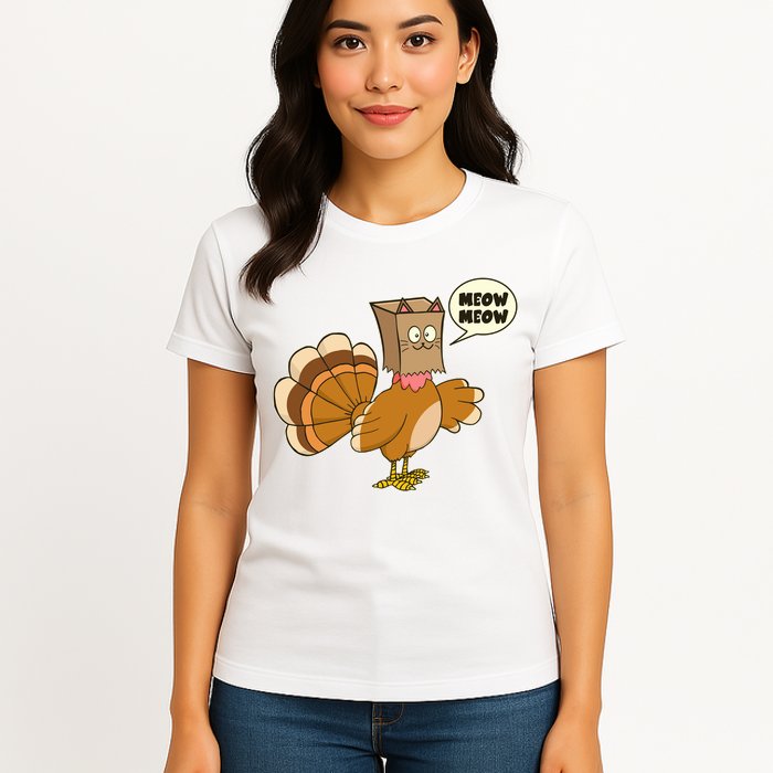 Funny Thanksgiving Turkey In Cat Face Paper Bag Womens T-Shirt