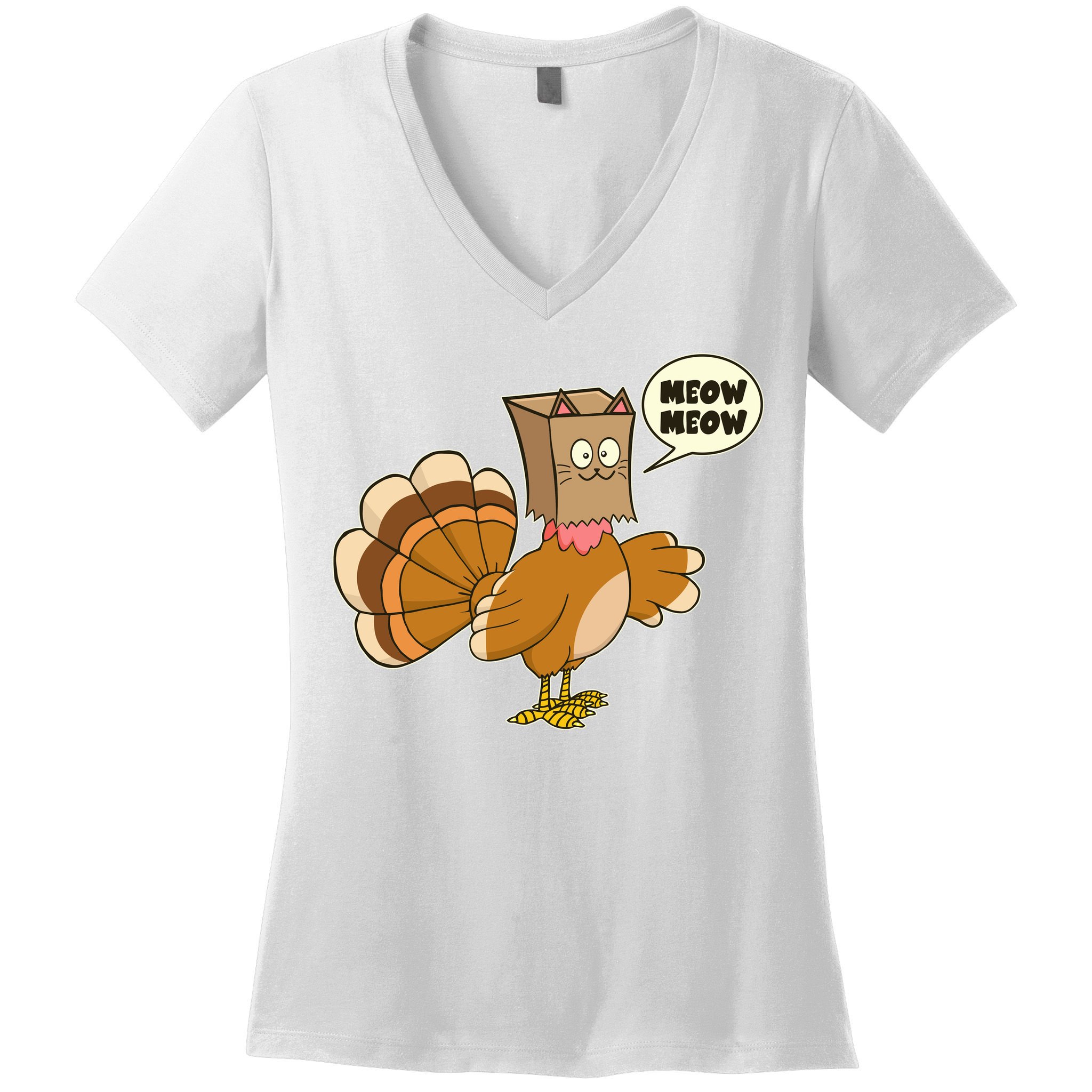 Funny Thanksgiving Turkey In Cat Face Paper Bag Women's V-Neck T-Shirt