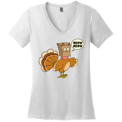 Funny Thanksgiving Turkey In Cat Face Paper Bag Women's V-Neck T-Shirt