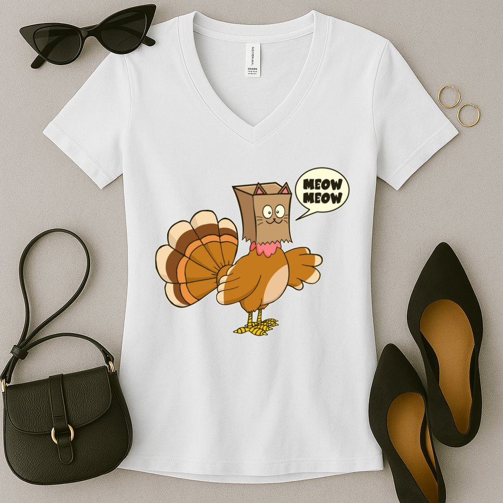 Funny Thanksgiving Turkey In Cat Face Paper Bag Women's V-Neck T-Shirt