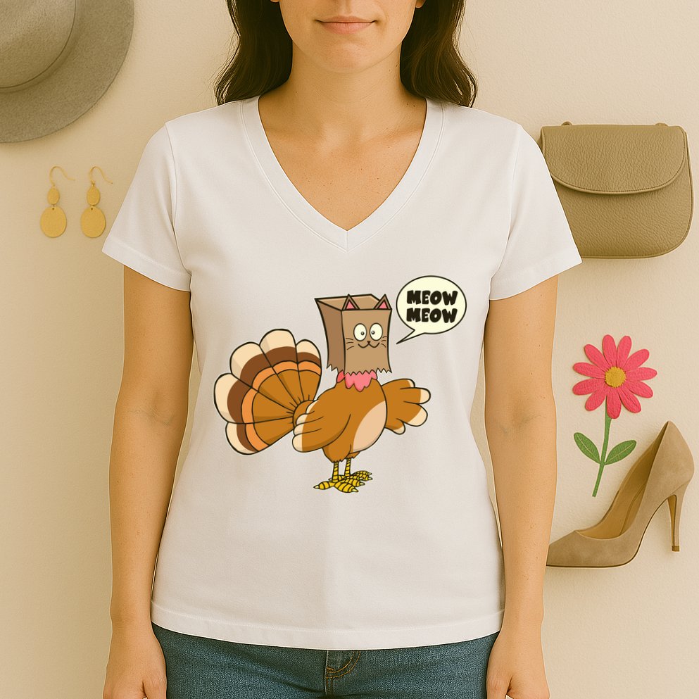 Funny Thanksgiving Turkey In Cat Face Paper Bag Women's V-Neck T-Shirt