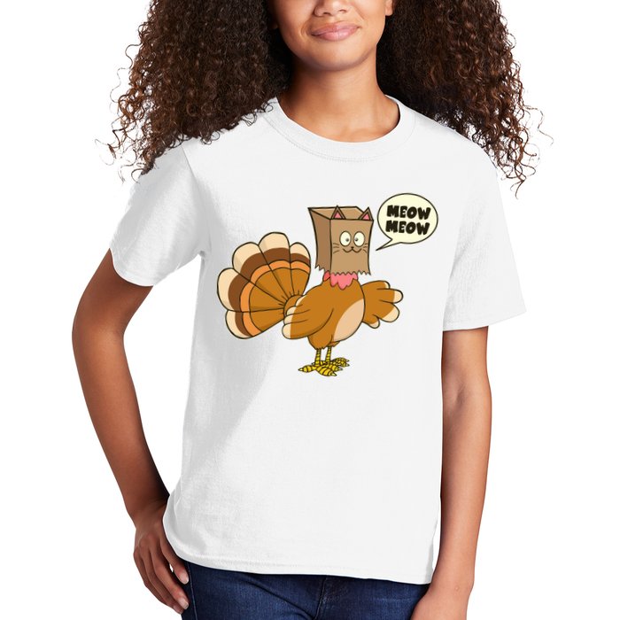 Funny Thanksgiving Turkey In Cat Face Paper Bag Kids T-Shirt