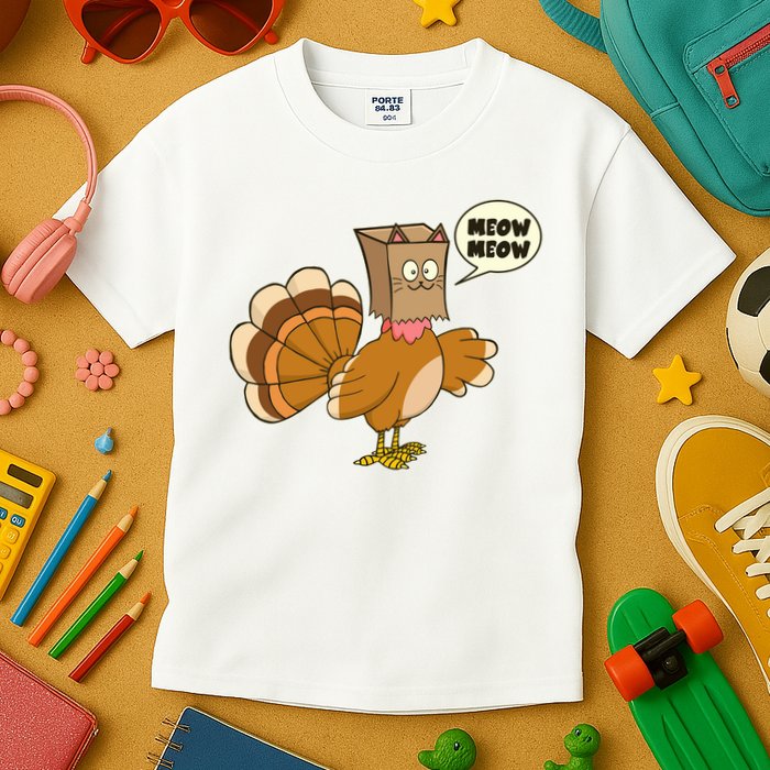 Funny Thanksgiving Turkey In Cat Face Paper Bag Kids T-Shirt
