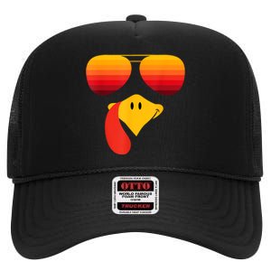 Funny Thanksgiving Turkey Face With Sunglasses High Crown Mesh Back Trucker Hat