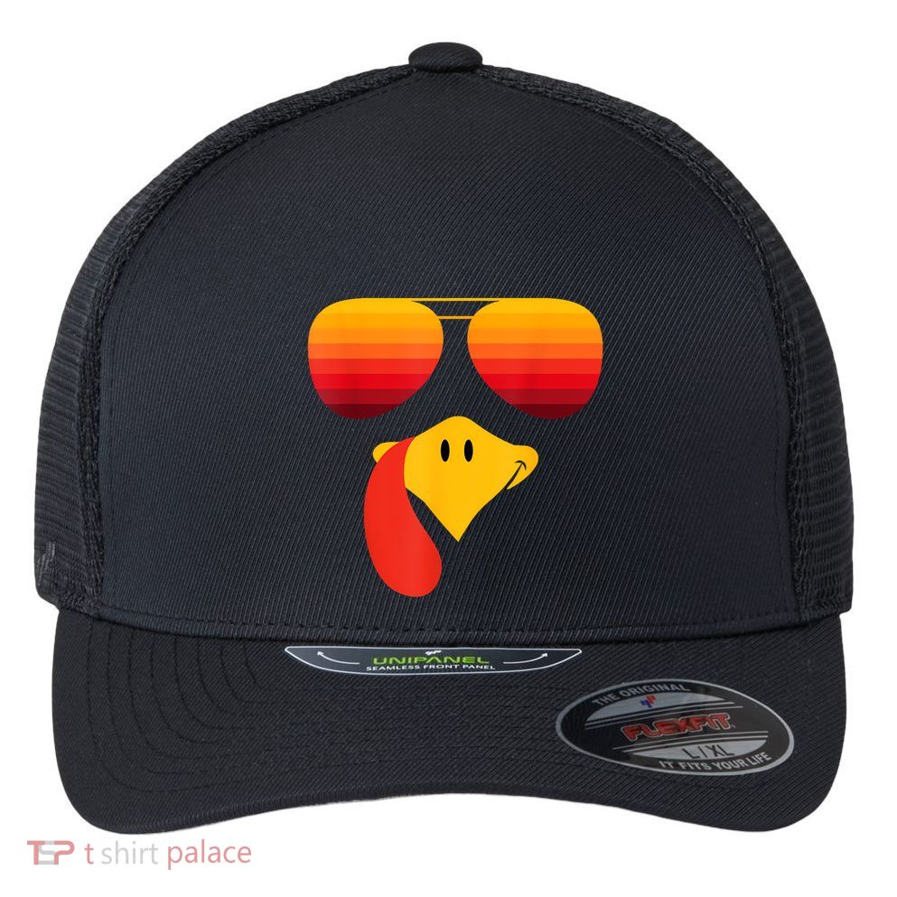 Funny Thanksgiving Turkey Face With Sunglasses Flexfit Unipanel Trucker Cap