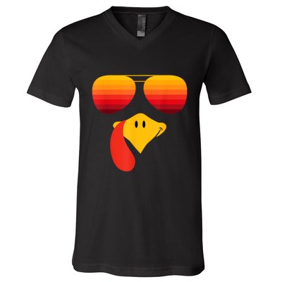 Funny Thanksgiving Turkey Face With Sunglasses V-Neck T-Shirt