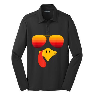 Funny Thanksgiving Turkey Face With Sunglasses Silk Touch Performance Long Sleeve Polo