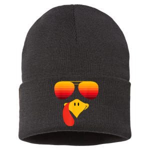 Funny Thanksgiving Turkey Face With Sunglasses Sustainable Knit Beanie