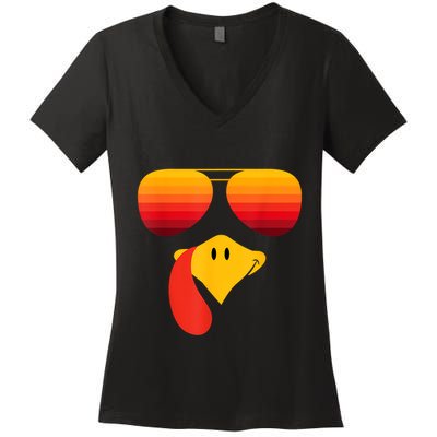 Funny Thanksgiving Turkey Face With Sunglasses Women's V-Neck T-Shirt
