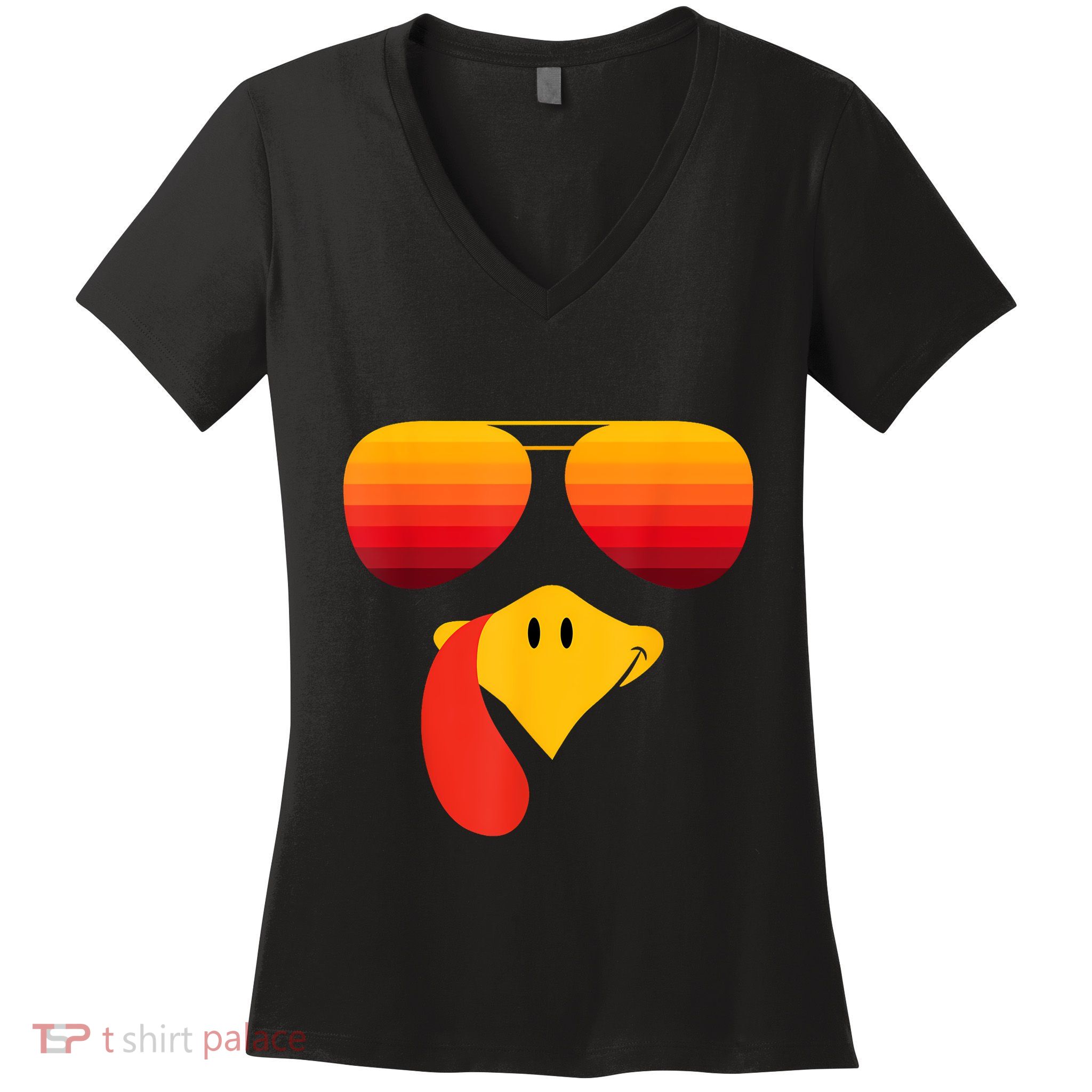 Funny Thanksgiving Turkey Face With Sunglasses Women's V-Neck T-Shirt