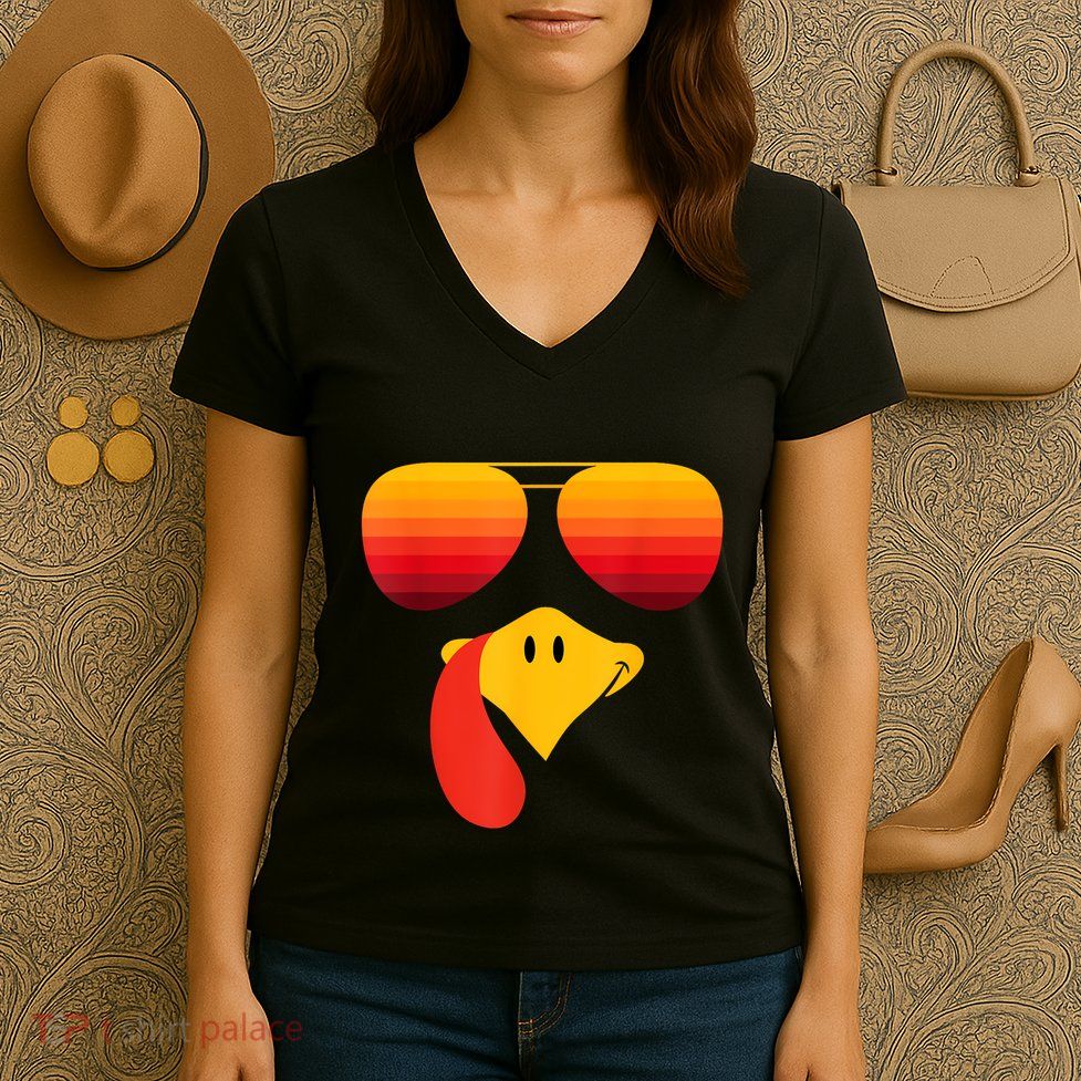 Funny Thanksgiving Turkey Face With Sunglasses Women's V-Neck T-Shirt