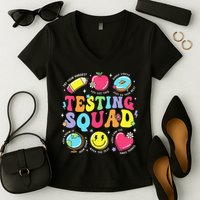 Funny Teacher Test Day Motivational Teacher Testing Squad Women's V-Neck T-Shirt