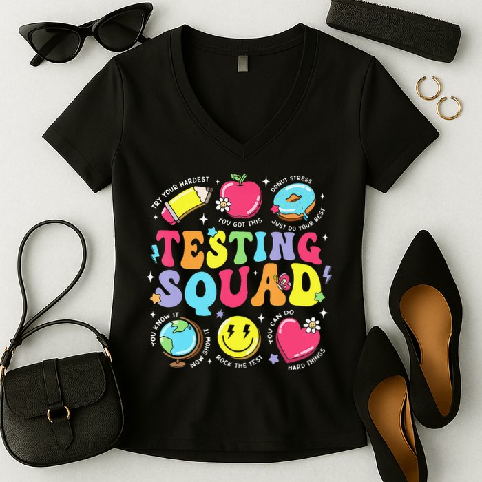Funny Teacher Test Day Motivational Teacher Testing Squad Women's V-Neck T-Shirt