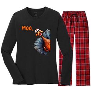 Funny Thanksgiving Turkey Moo IM A Cow Gift Women's Long Sleeve Flannel Pajama Set 