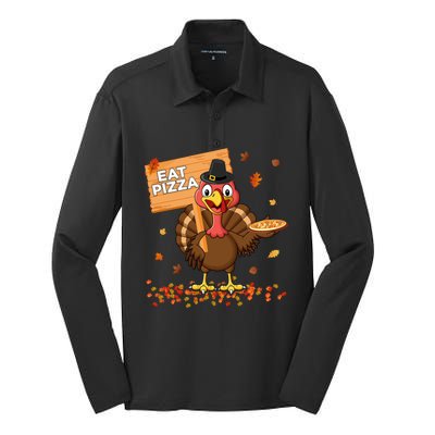 Funny Thanksgiving Turkey Eat Pizza Cute Gift Silk Touch Performance Long Sleeve Polo