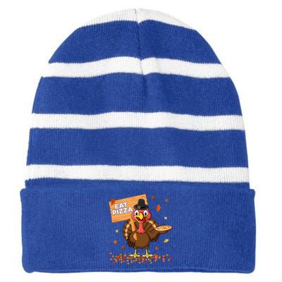 Funny Thanksgiving Turkey Eat Pizza Cute Gift Striped Beanie with Solid Band