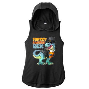 Funny Thanksgiving Turkey Saurus Rex Ladies PosiCharge Tri-Blend Wicking Draft Hoodie Tank