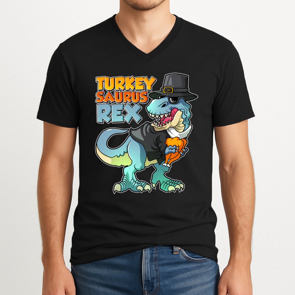 Funny Thanksgiving Turkey Saurus Rex V-Neck T-Shirt