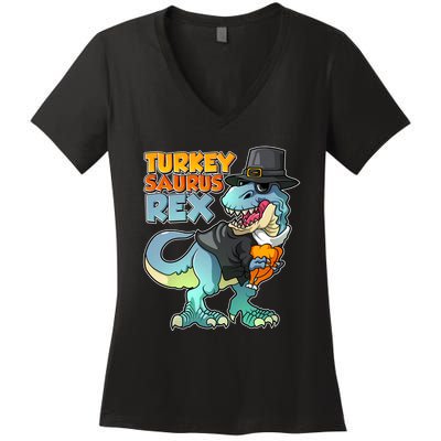 Funny Thanksgiving Turkey Saurus Rex Women's V-Neck T-Shirt