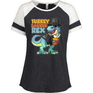 Funny Thanksgiving Turkey Saurus Rex Enza Ladies Jersey Colorblock Tee