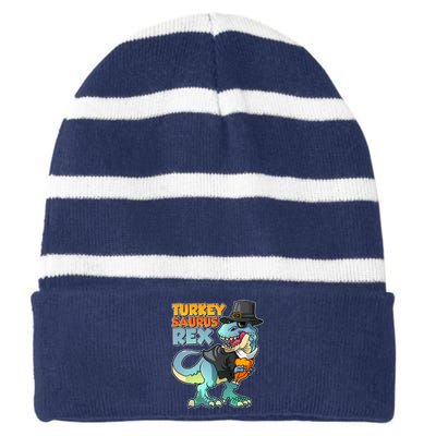 Funny Thanksgiving Turkey Saurus Rex Striped Beanie with Solid Band