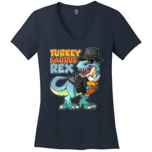 Funny Thanksgiving Turkey Saurus Rex Women's V-Neck T-Shirt