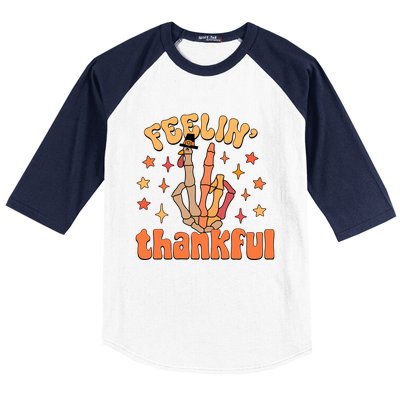 Feelin Thankful Turkey Skeleton Hand Thanksgiving Baseball Sleeve Shirt