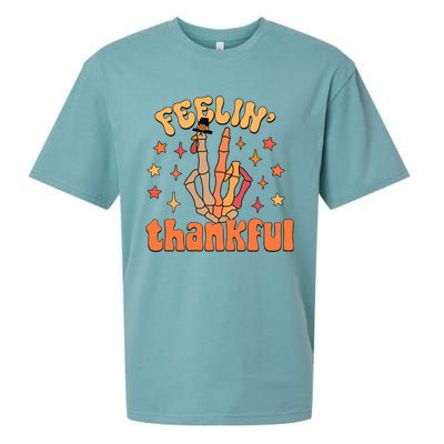 Feelin Thankful Turkey Skeleton Hand Thanksgiving Sueded Cloud Jersey T-Shirt