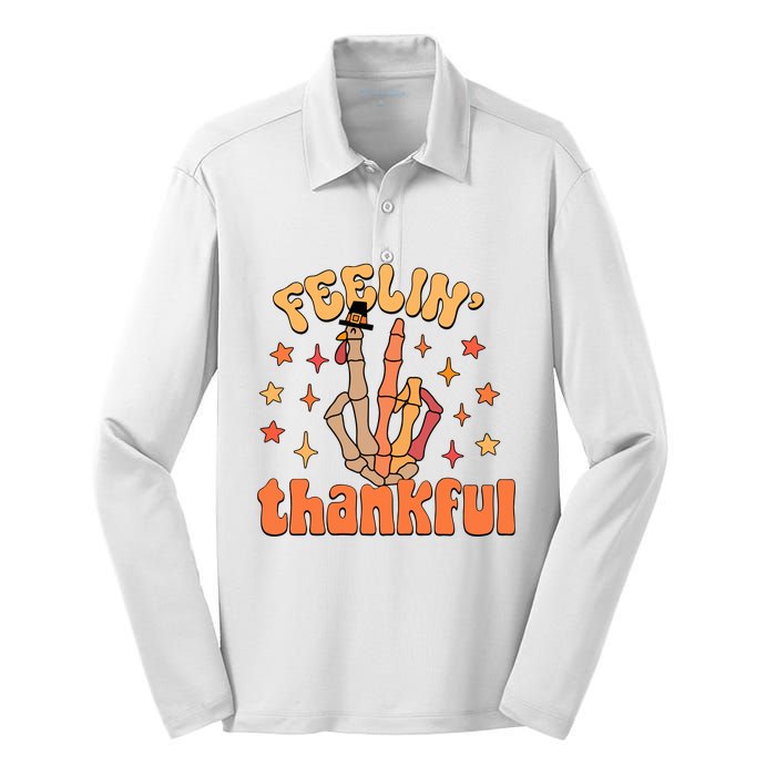 Feelin Thankful Turkey Skeleton Hand Thanksgiving Silk Touch Performance Long Sleeve Polo