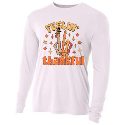 Feelin Thankful Turkey Skeleton Hand Thanksgiving Cooling Performance Long Sleeve Crew