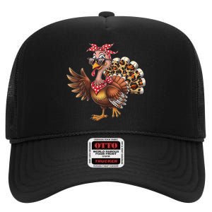 Funny Thanksgiving Turkey Women Girl Leopard High Crown Mesh Back Trucker Hat