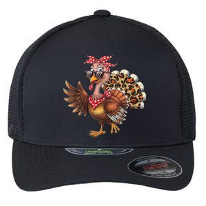 Funny Thanksgiving Turkey Women Girl Leopard Flexfit Unipanel Trucker Cap