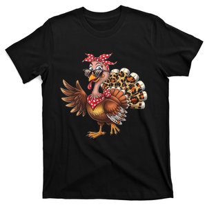 Funny Thanksgiving Turkey Women Girl Leopard T-Shirt