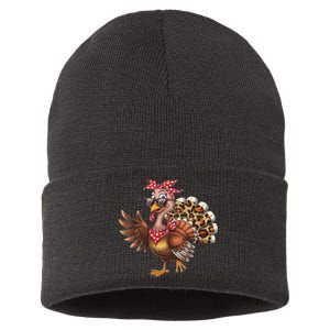 Funny Thanksgiving Turkey Women Girl Leopard Sustainable Knit Beanie