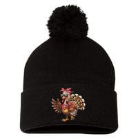 Funny Thanksgiving Turkey Women Girl Leopard Pom Pom 12in Knit Beanie