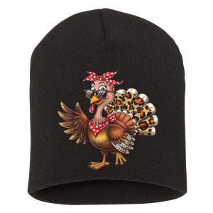 Funny Thanksgiving Turkey Women Girl Leopard Short Acrylic Beanie