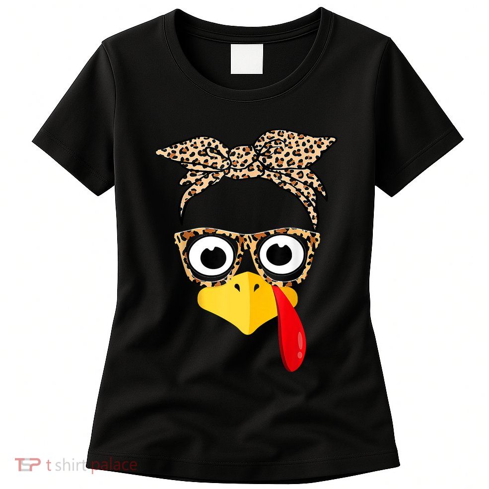 Funny Thanksgiving Turkey Face Leopard Glasses Family Costume Womens T-Shirt