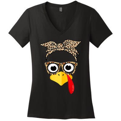 Funny Thanksgiving Turkey Face Leopard Glasses Family Costume Women's V-Neck T-Shirt