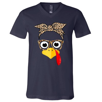 Funny Thanksgiving Turkey Face Leopard Glasses Family Costume V-Neck T-Shirt